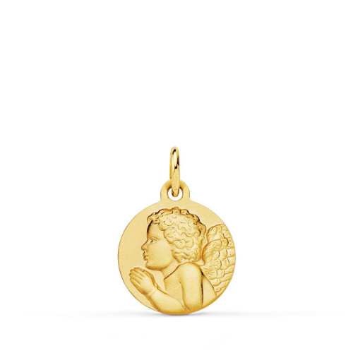 18K Medalla Oro Amarillo Angel Niño Piadoso Rezando Matizado. 14 Mm