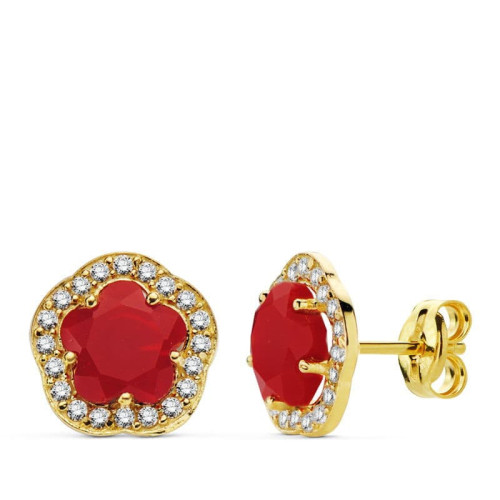 18K Pendientes Flor Piedra Roja 9X9 Mm