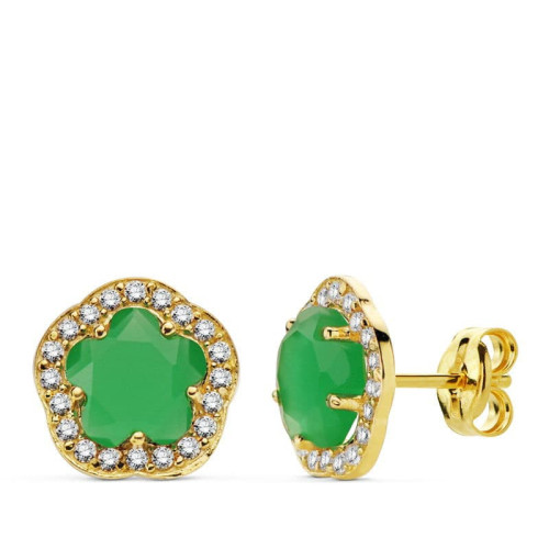 18K Pendientes Flor Piedra Verde. 9X9 Mm