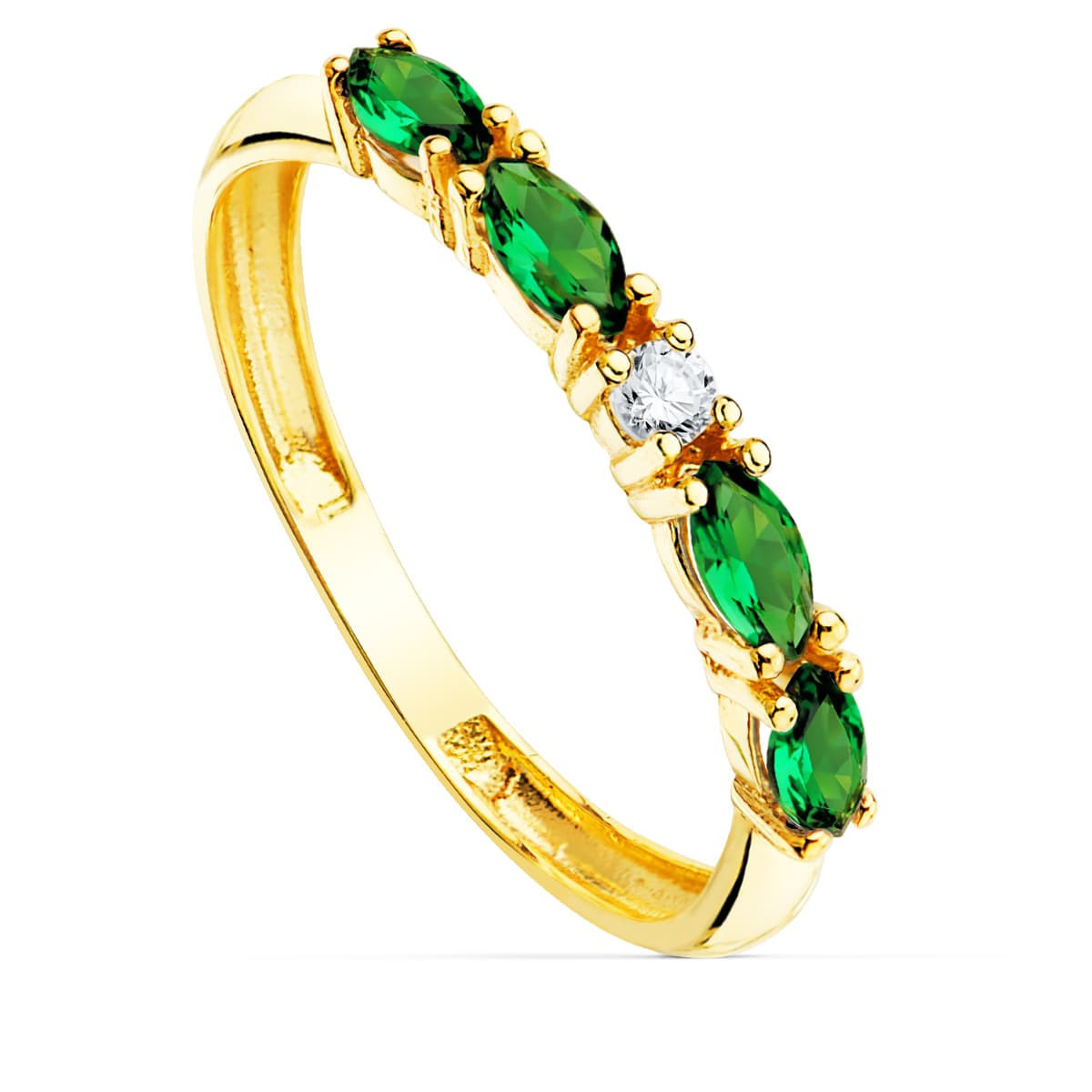 18K Sortija Oro Amarillo 4 Circonitas Verdes Talla Marquise Ancho 2 Mm