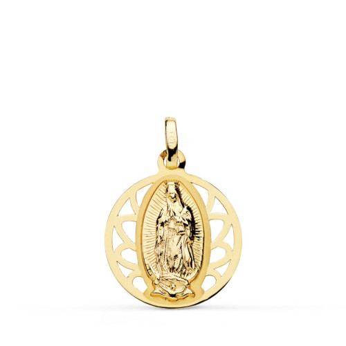 18K Medalla Oro Amarillo Virgen De Guadalupe Cerco Calado 18 Mm