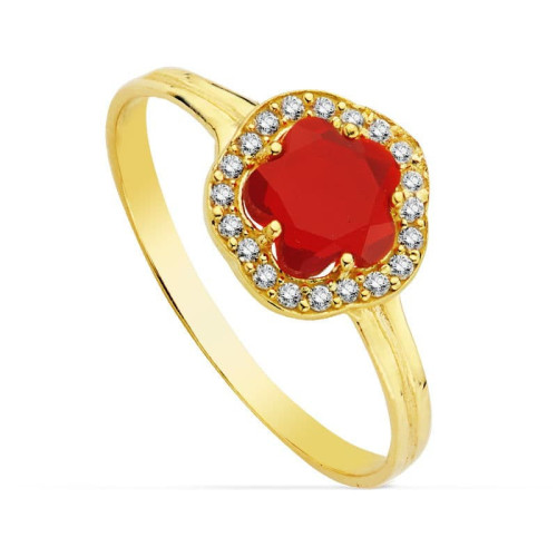 18K Sortija Oro Amarillo Flor Piedra Roja 6 Mmcircon.