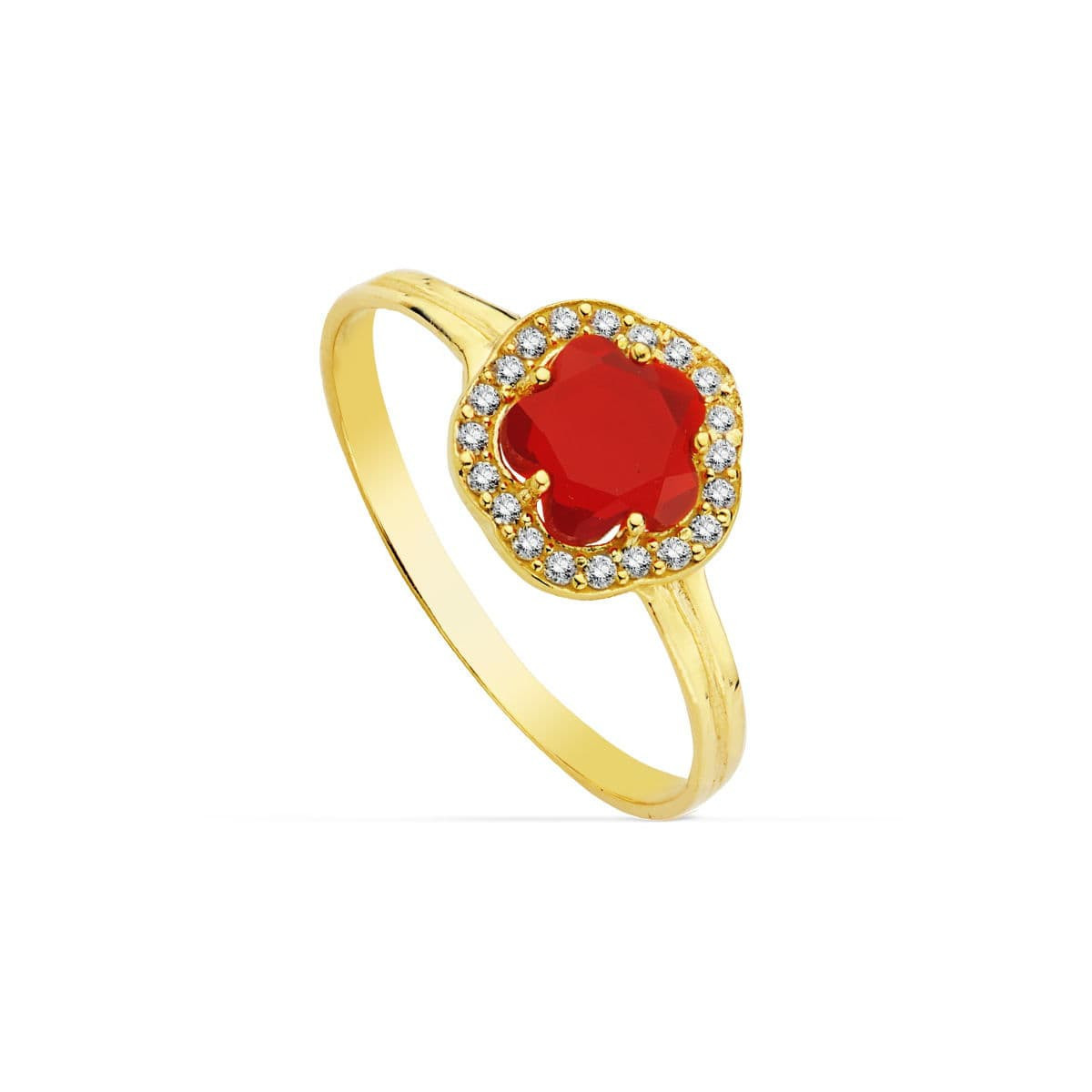 18K Sortija Oro Amarillo Flor Piedra Roja 6 Mmcircon.