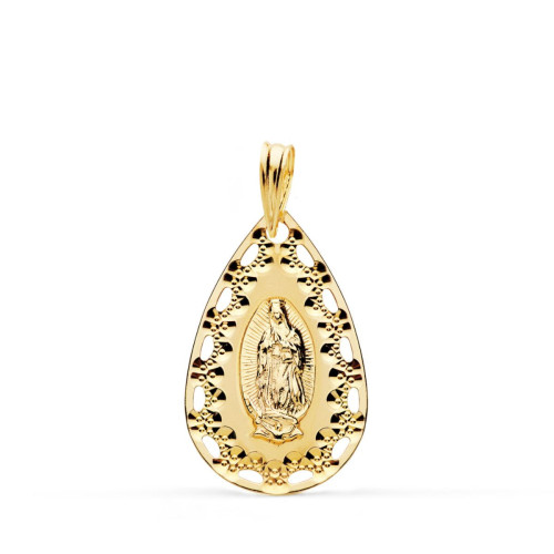 18K Medalla Oro Amarillo Virgen De Guadalupe Cerco Calado Y Tallado 22X14 Mm