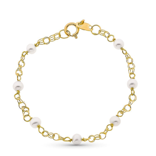 18K Pulsera Oro Amarillo Niña Perlas 3 Mm Y Cadena Húngara Longitud 12 Cm