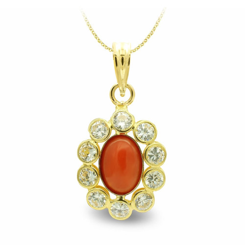 18K Colgante Oro Amarillo Coral Oval Con Circonitas