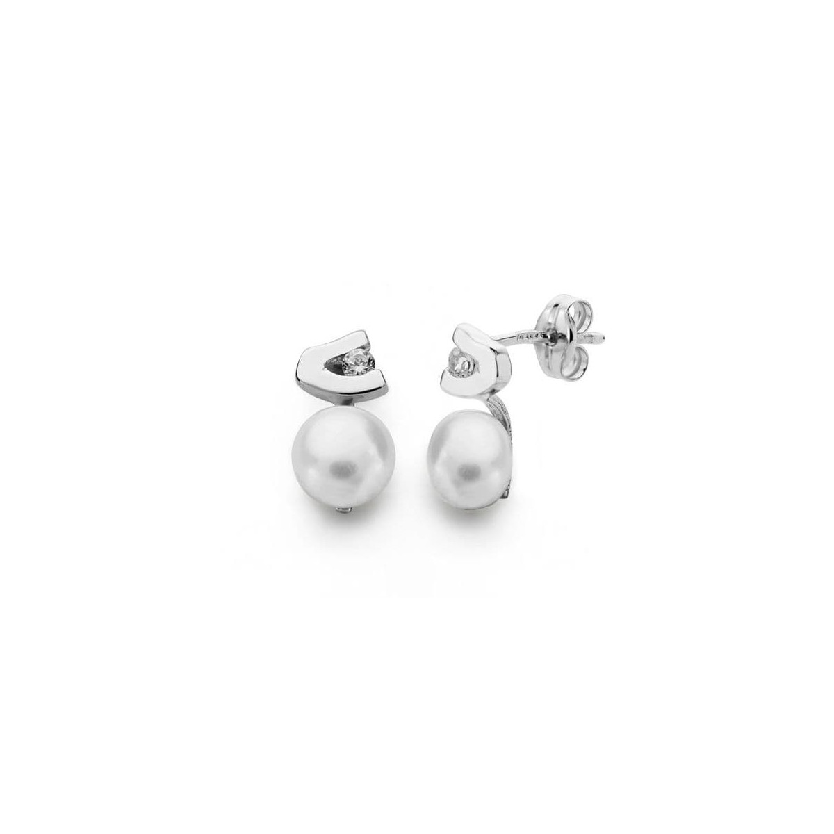 18K Pendientes Oro Blanco Perla Circonita 11X6 Mm