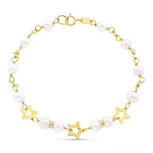 9K Pulsera Oro Amarillo Con Perla De 5 Mm Y Estrellas Caladas. 17 Cm