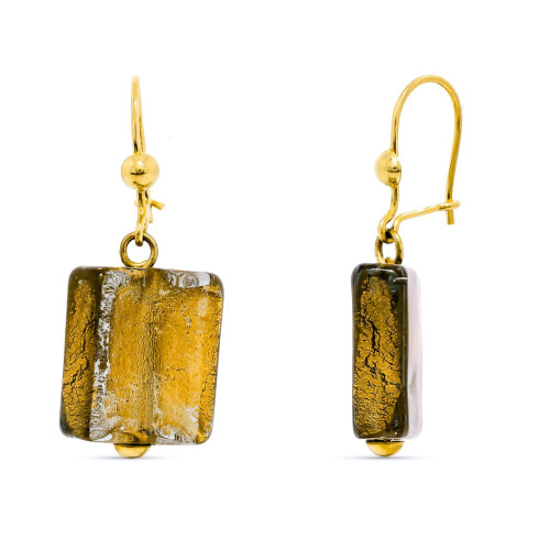 18K Pendientes Oro Amarillo Con Cristal Murano Marron. 33X15 Mm Cierre Gancho