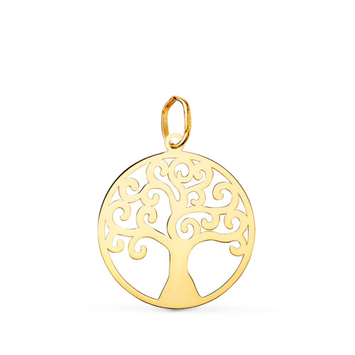 18K Colgante Oro Amarillo Redondo Arbol De La Vida En Brillo 20 Mm