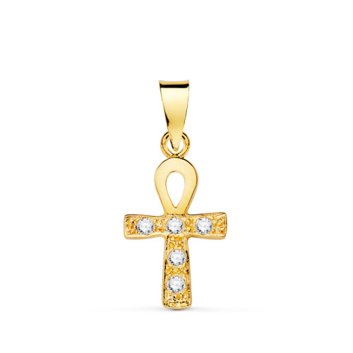 18K Cruz De La Vida Oro Amarillo Con Circonitas Blancas. 14 X 10 Mm