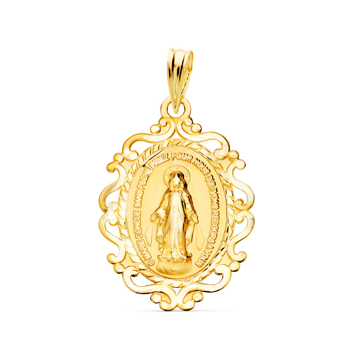 9K Medalla Virgen De La Milagrosa Cerco En Frances 23X16 Mm 1.15Gr