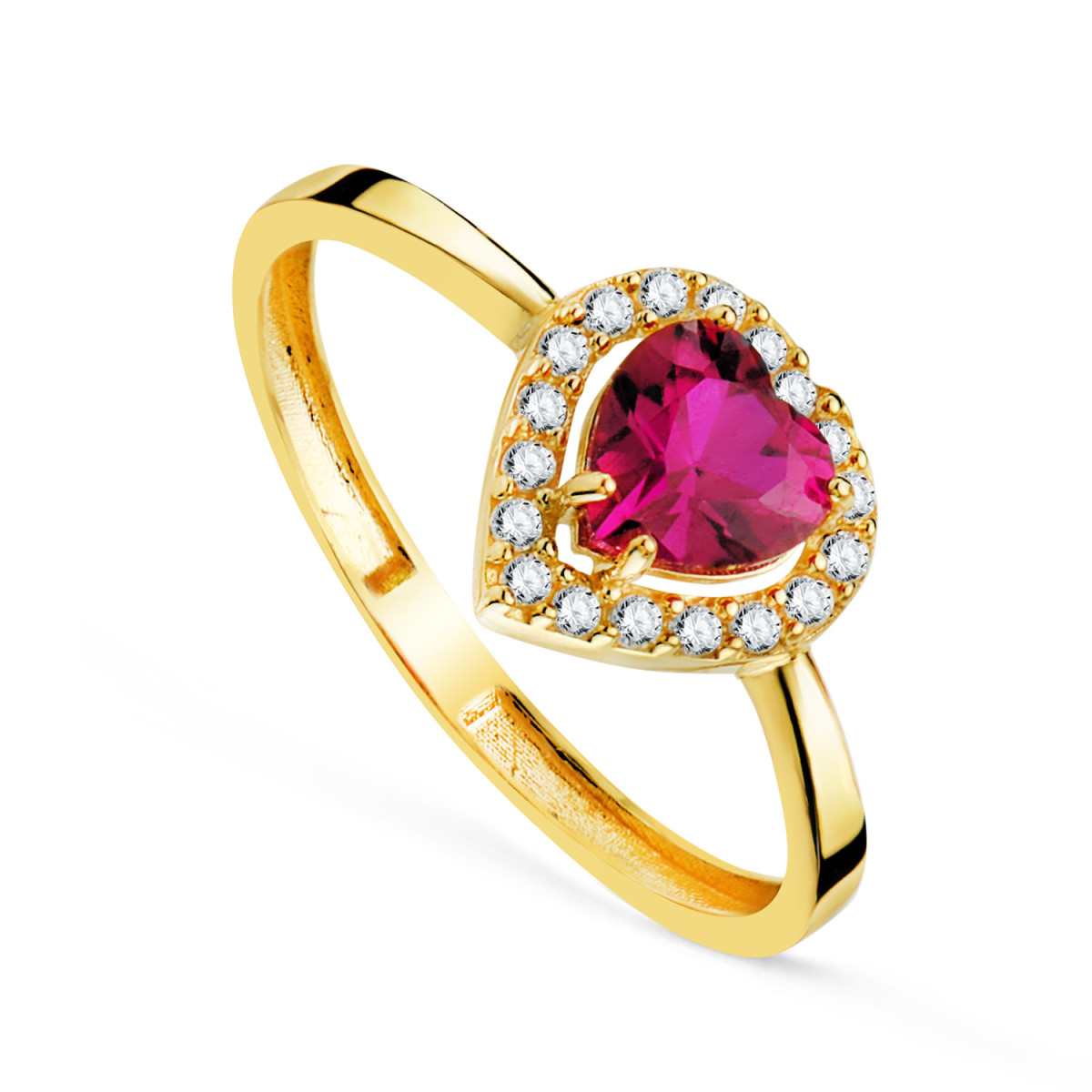 Sortija de Oro Amarillo 18K con Corazón Rubí y Circonitas